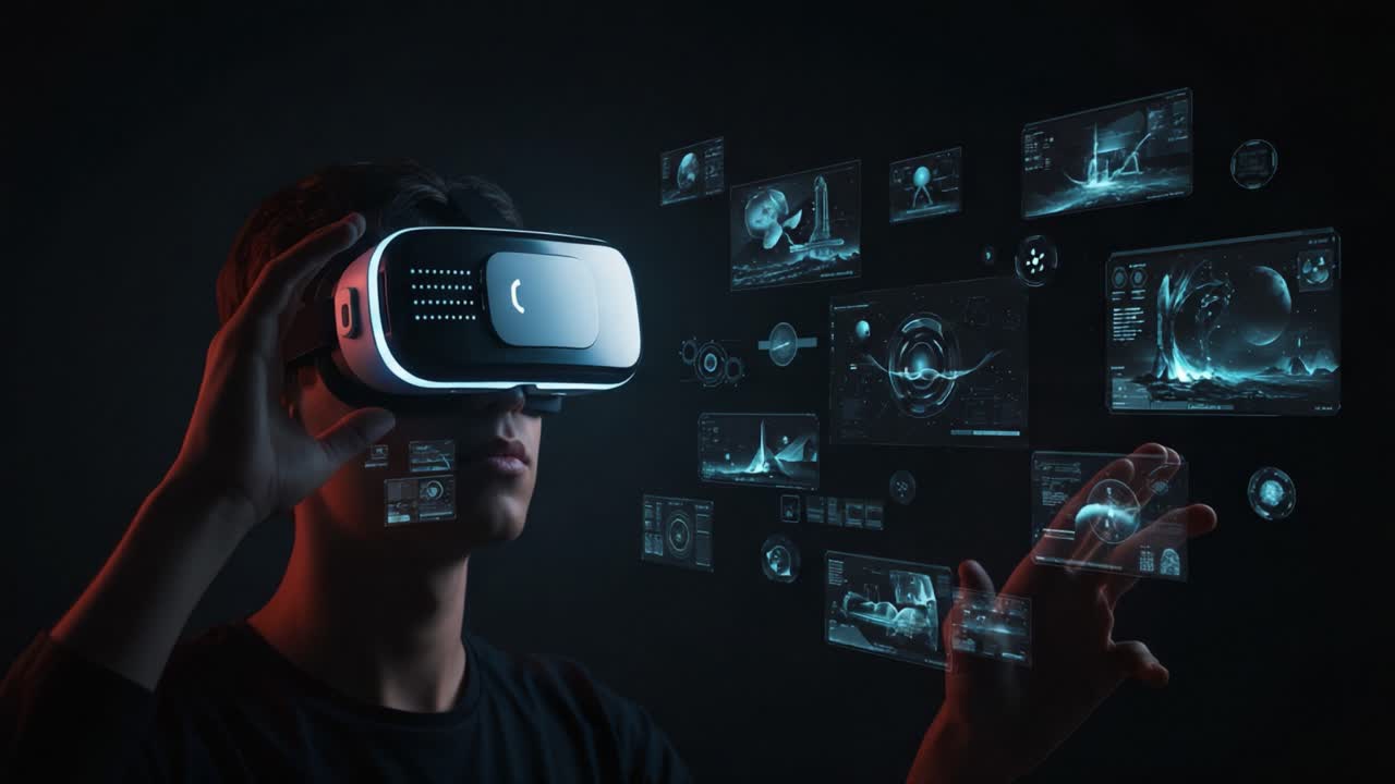 A futuristic exploration of virtual reality technology as an individual engages with immersive holographic displays, showcasing the potential of digital interaction and simulation
