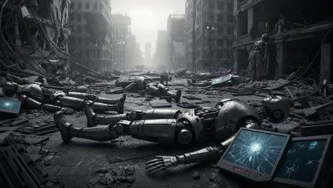 desolate urban landscape: abandoned robots amidst post-apocalyptic ruins, surrounded by technology and debris in a somber atmosphere