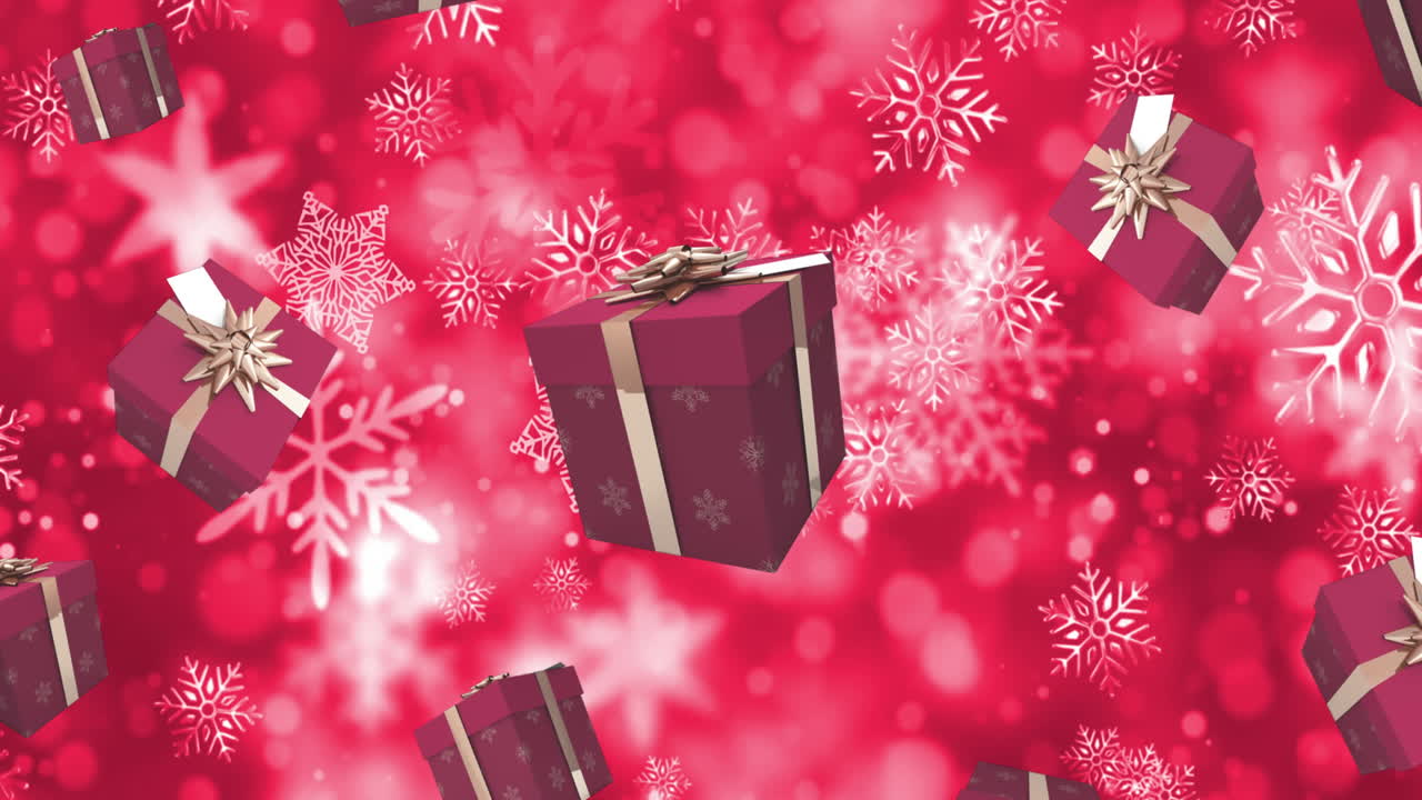 크리스마스 선물과 은 배경에 내리는 눈의 애니메이션