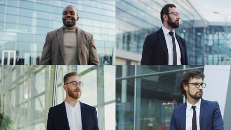 collage de diferentes hombres de oficina con clase en trajes de pie al aire libre