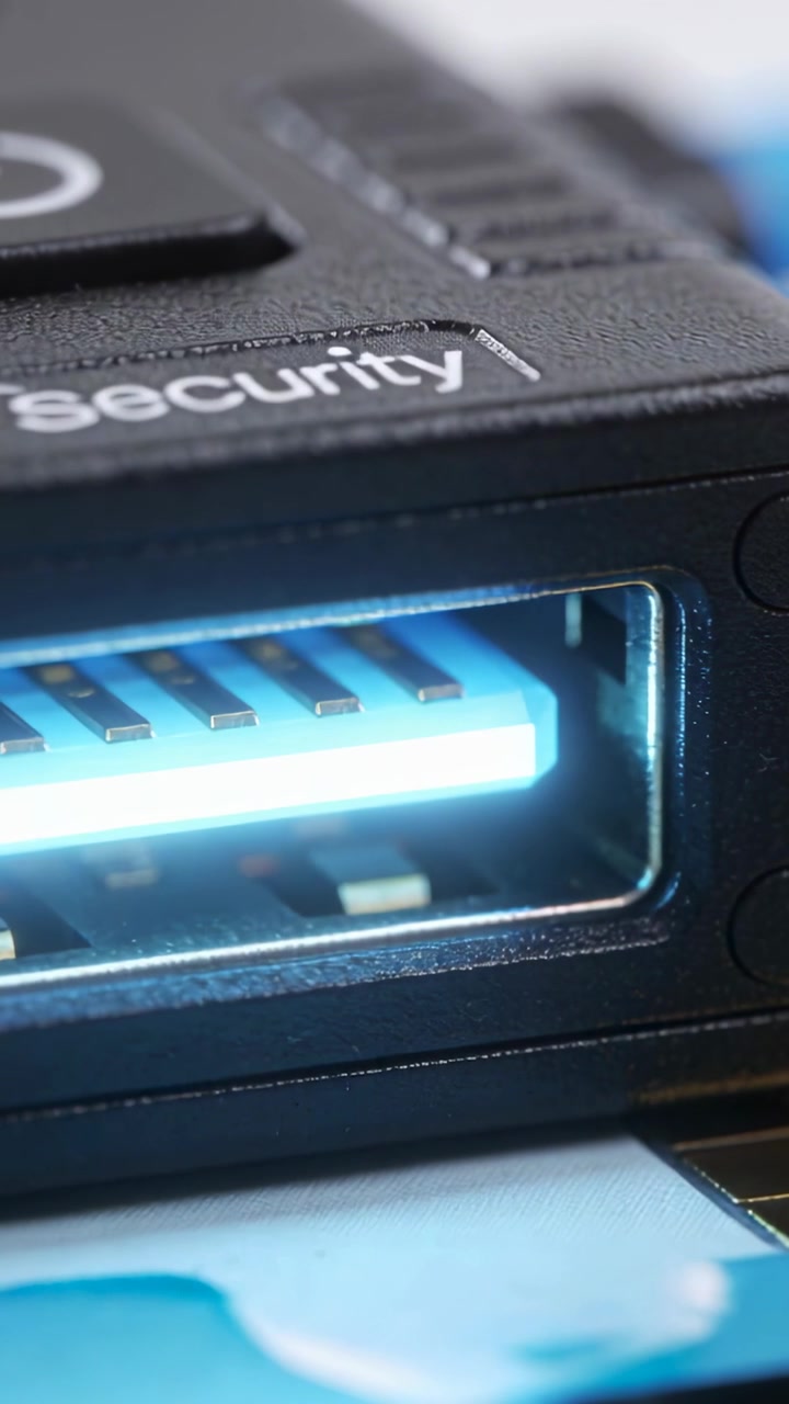 Video verticale: Mantenimento del collegamento dall'inserimento, spina USB blu che rimane nella porta di sicurezza, LED luminoso.