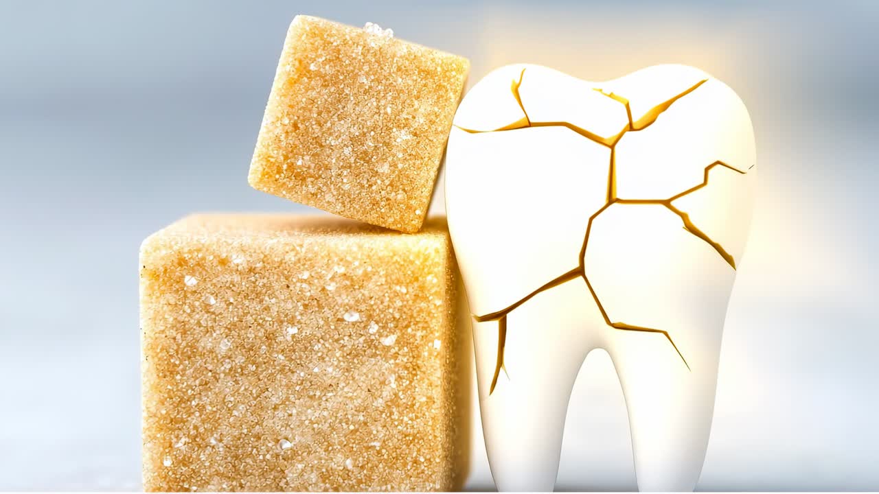 Sugar cubes and cracked tooth. Two sugar cubes are next to a cracked tooth on a gray background. This shows the impact of sugar on dental health
