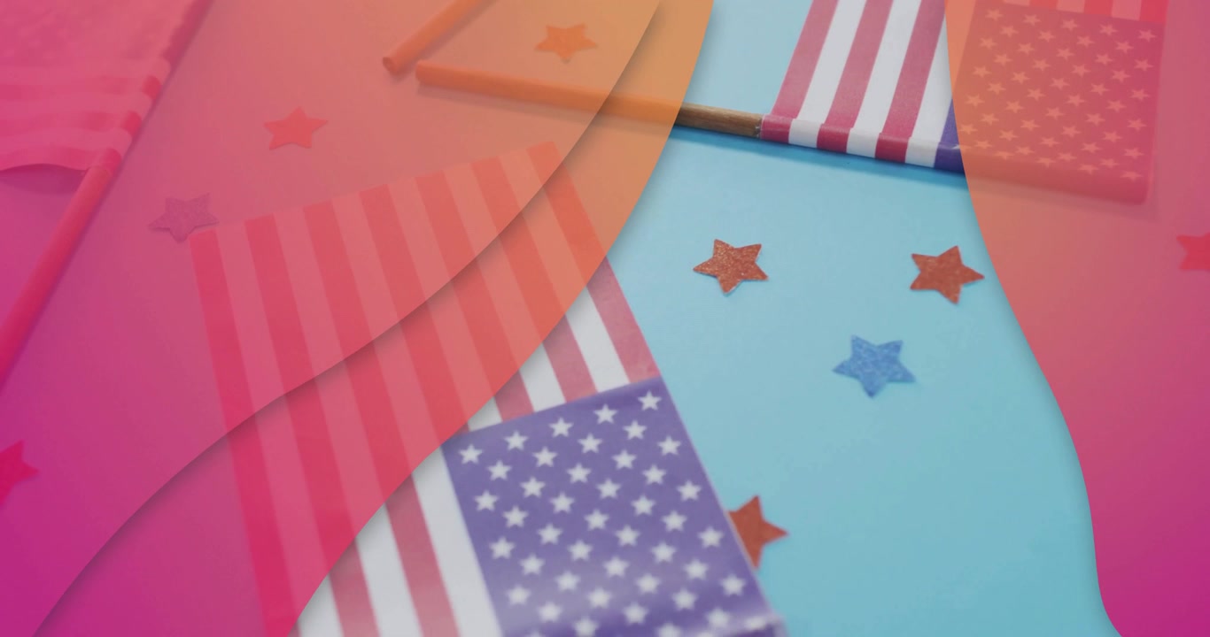 Overlay sweeping causing American flags drifting and star confetti glinting revealing scene looping
