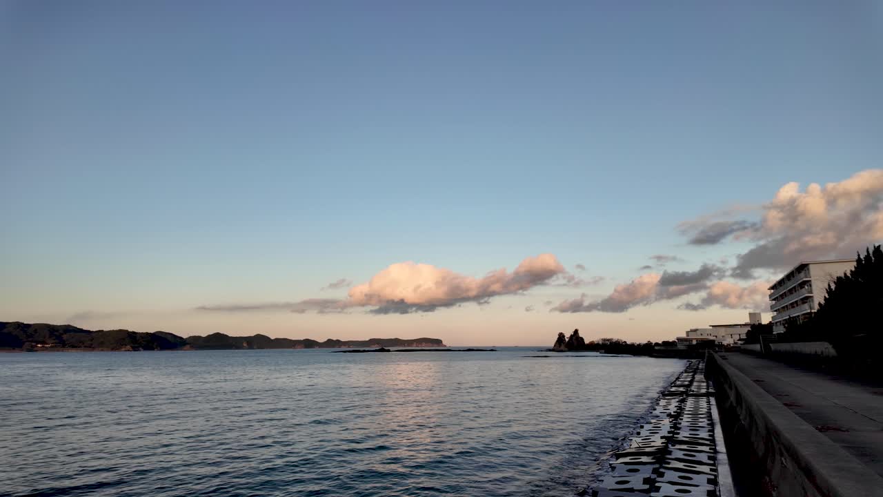 Beautiful sunset over Nachi Bay in Wakayama, Japan, during the golden hour. Panning Shot
