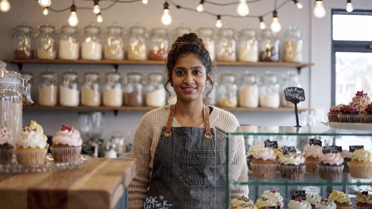 Confeitaria de cupcakes encantadora: Um padeiro simpático sorrindo atrás de um balcão cheio de doces confeitados e ingredientes organizados em uma atmosfera aconchegante de padaria.