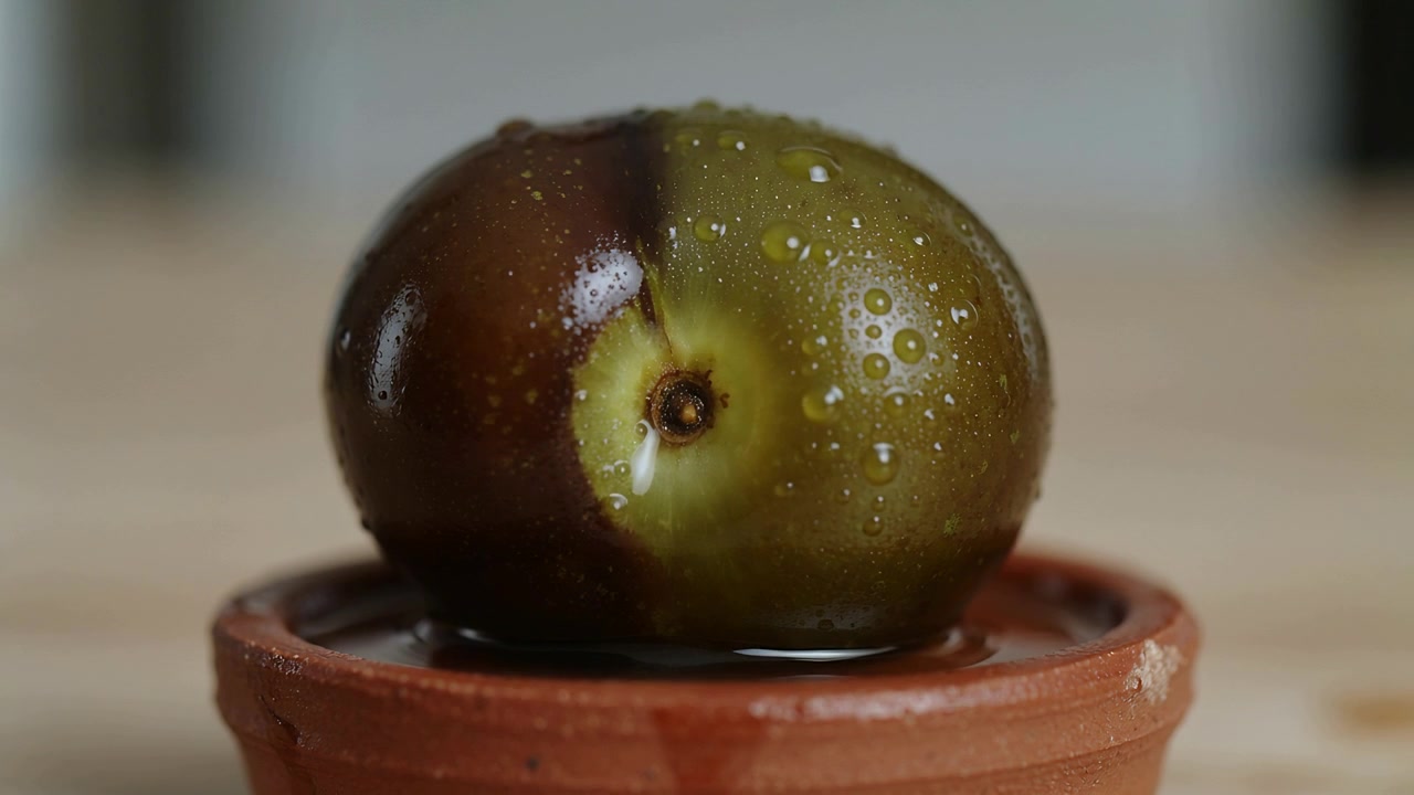Formazione di una piccola goccia, sciroppo scuro che cola da una prugna verde e viola su un piano di legno, riempiendo un piattino di terracotta