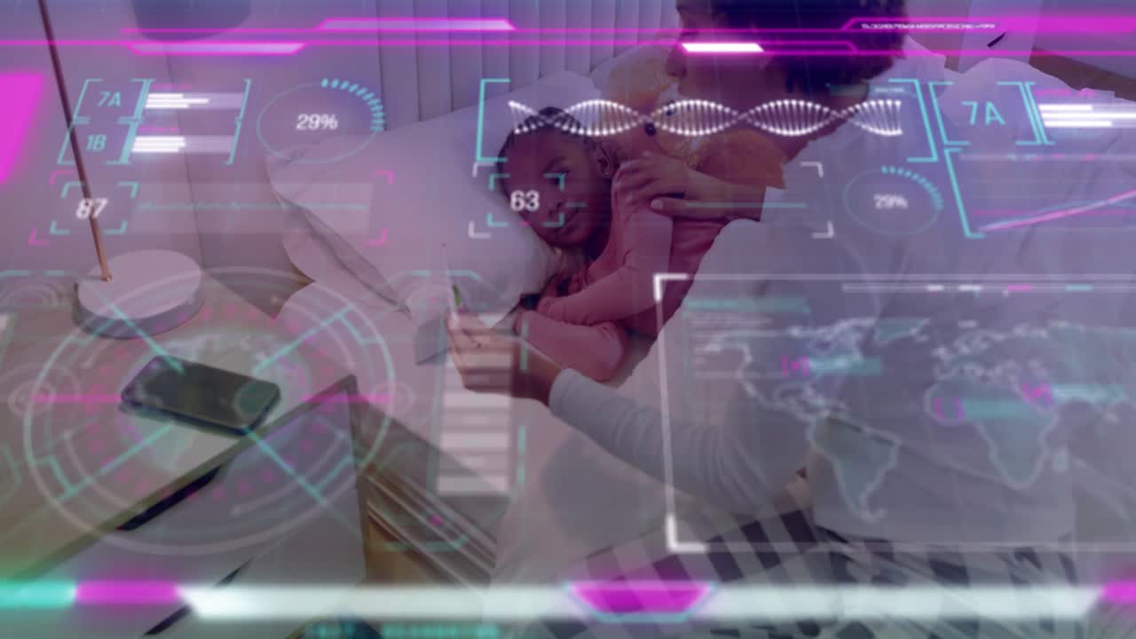 Parent placing temp probe in child's mouth, monitoring health in bedroom while HUD waveform showing