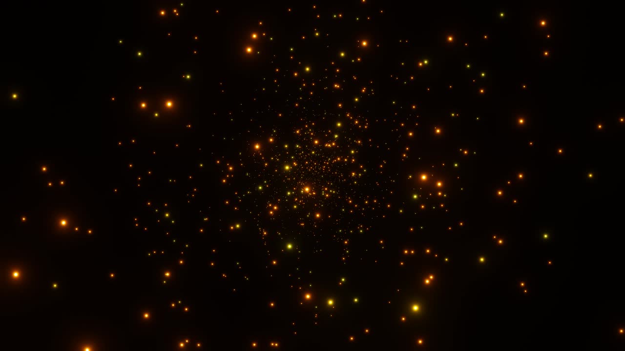 Abstract fly through moving golden flickering particles on black background