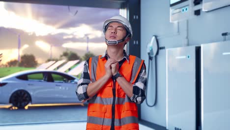 asian male engineer with safety helmet pray for something while standing with home energy storage system in a modern garage