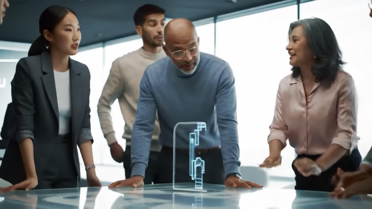 Business Team Discussing Technology in Modern Office