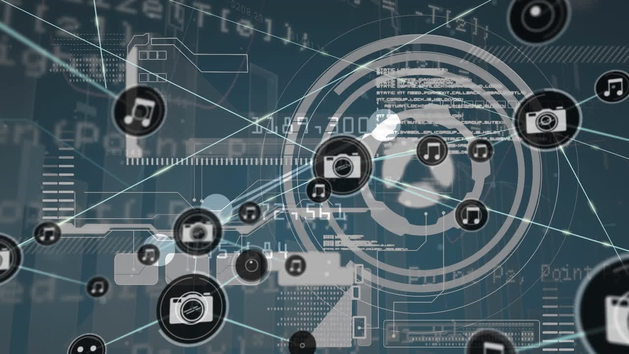 파란색 배경에 아이콘과 데이터 처리를 가진 연결 네트워크의 애니메이션