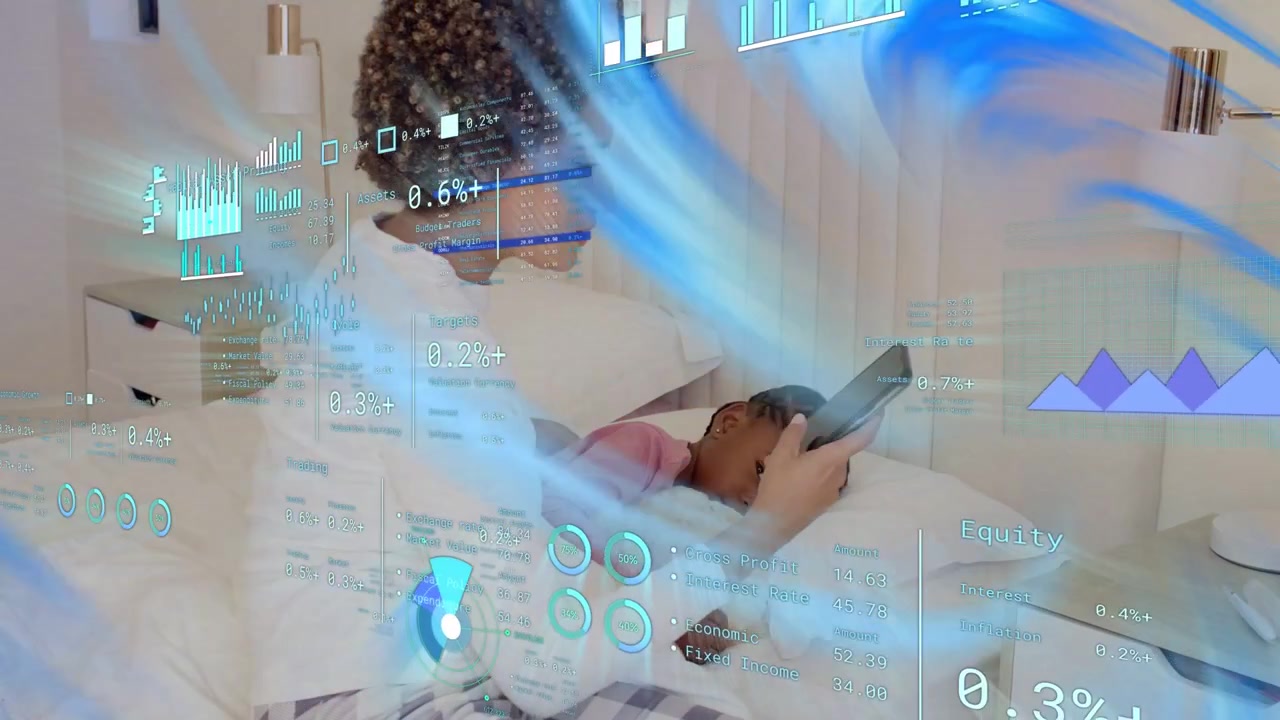 African American Mother and Daughter Using Smartphone with Digital Data Overlay