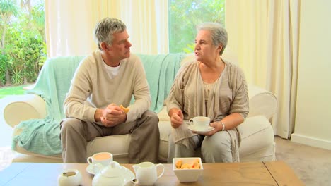 mature couple sitting drinking tea and chatting