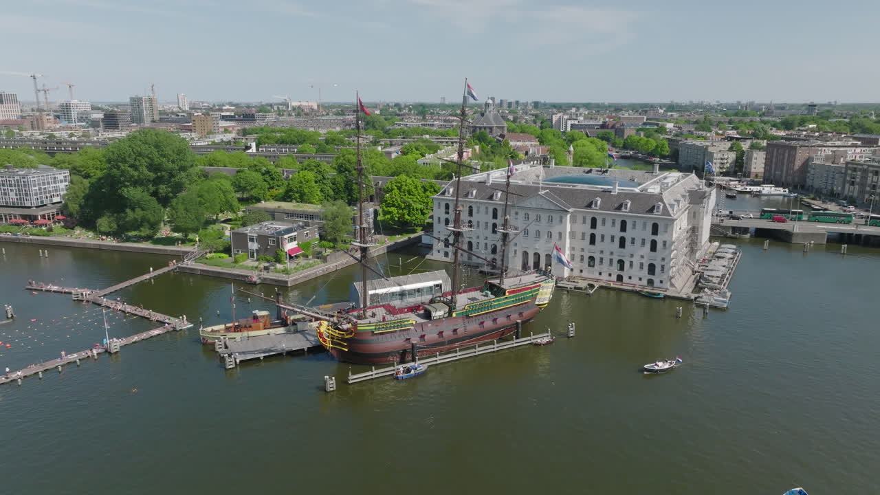 Aerial zoom out shot of The "Amsterdam" - a replica of an 18th-century Dutch East India Company (VOC) ship