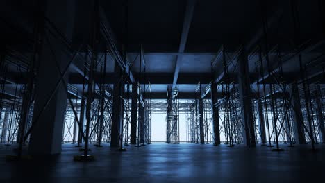 Interior-of-the-reinforced-concrete-building-construction-site.-One-of-the-floor-with-metal-scaffolding.-Camera-moving-sideways-in-an-endless-loop.-Perfect-for-development-related-purposes.