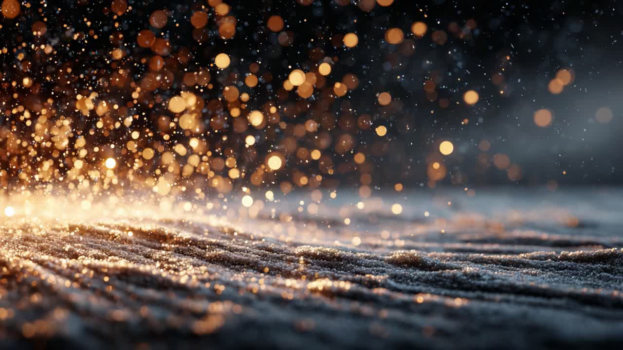 Una straordinaria rappresentazione di particelle scintillanti e luce calda che brillano su una superficie ruvida, creando un'atmosfera magica di incanto e bellezza