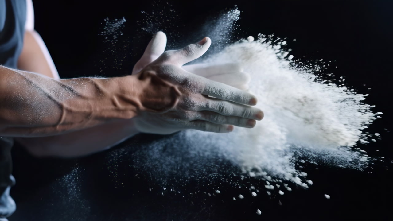 Muscular Hands Dusted With Chalk, Dramatic Studio Shot Of Athlete Clapping Palms As Powder Bursts Into Air,