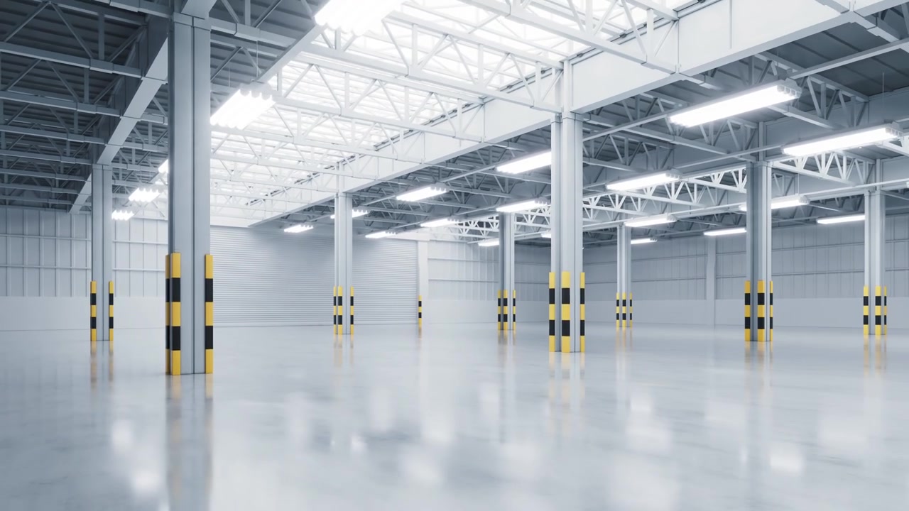Tom industrifabrik, lagerinteriør, 3D-rendering