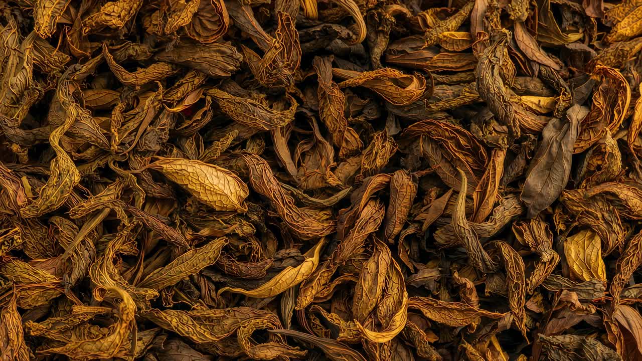 Moving camera revealing dense pile of dried plant leaves in close-up, showing veins and textures