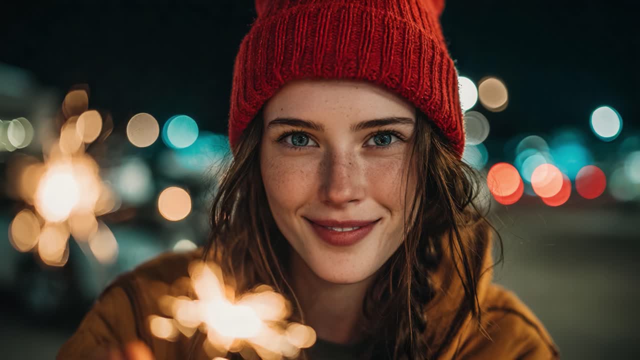 Captivating Moments: A Cheerful Young Woman in a Red Beanie Enjoys Sparklers Against a Blurred Nighttime City Backdrop, Radiating Joy and Festivity