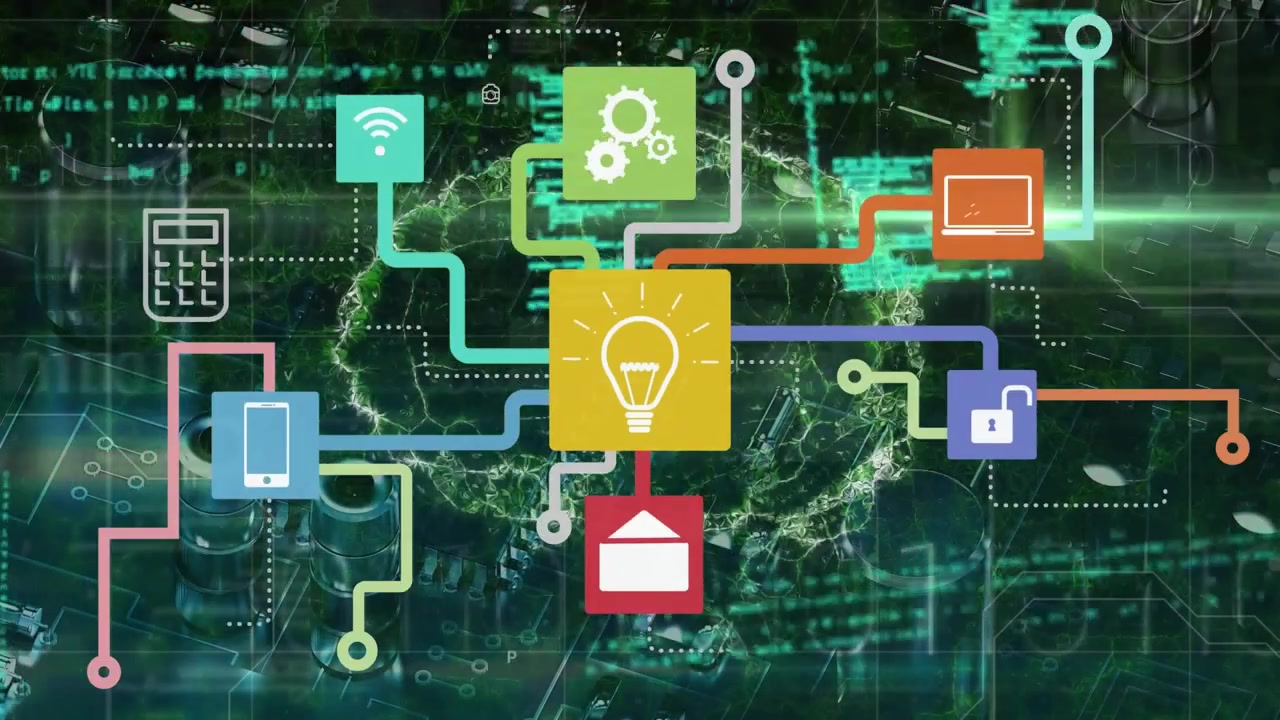 Animation of data processing, connections of icons and brain on black background