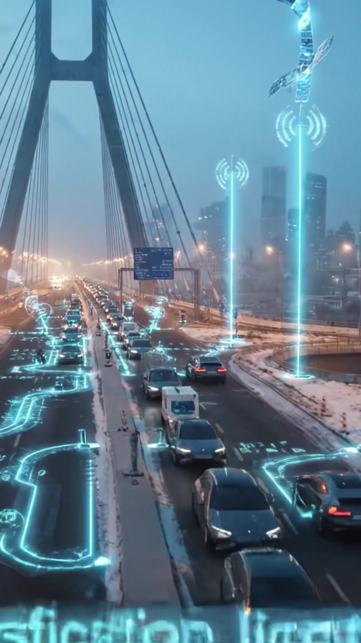 Paesaggio urbano futuristico con veicoli autonomi e sistemi di traffico intelligenti in un'ambientazione cittadina high-tech al tramonto