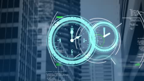 Animation-of-clocks-and-financial-data-processing-over-cityscape