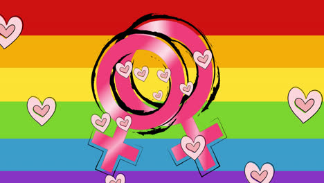 Animación-De-Iconos-De-Corazón-Y-Símbolos-Femeninos-Sobre-Fondo-De-Arco-Iris