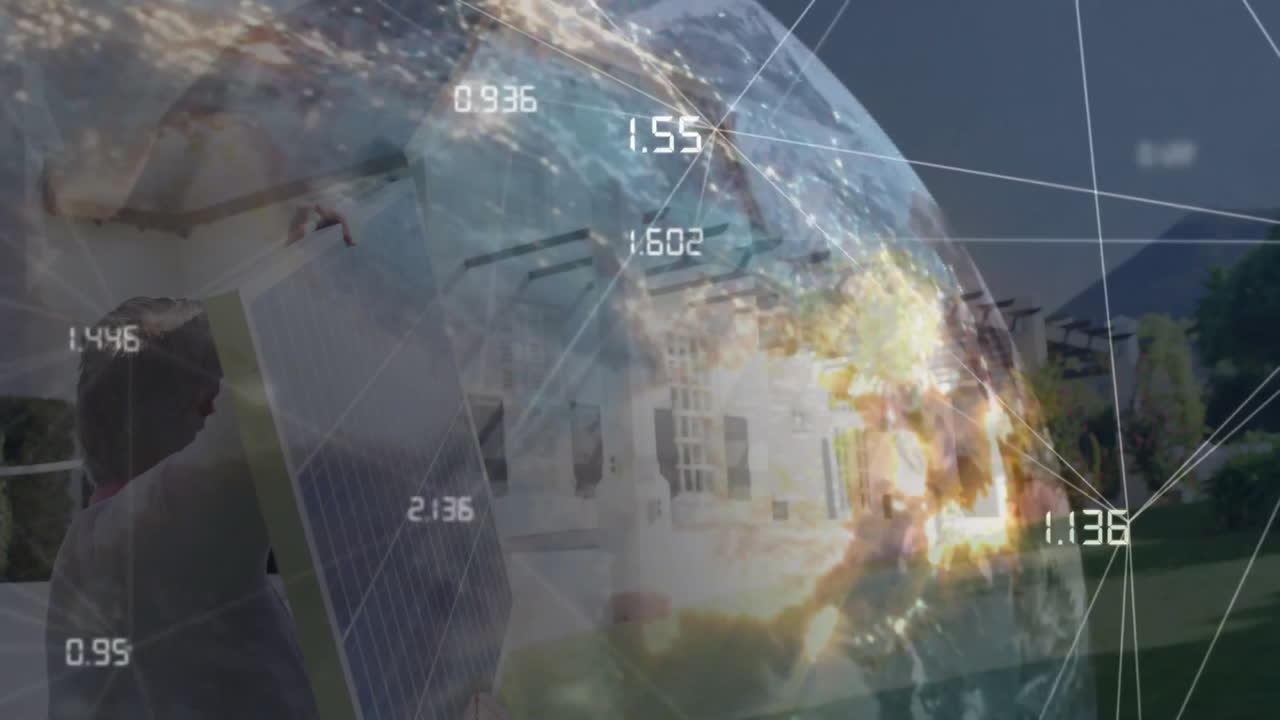 Solar installer carrying solar panel in yard, highlighting technology overlay with data points