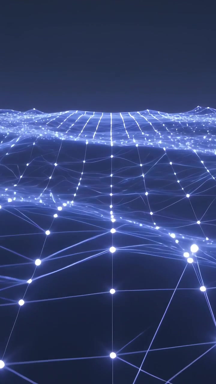 Vertical video: Moving camera revealing lit node mesh pulsing and rising in virtual data grid