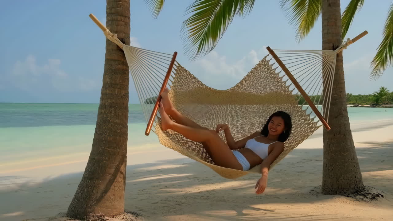 Woman relaxing in a hammock on a tropical beach