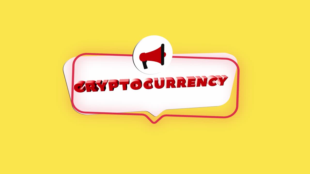 노란색 배경에 고립 된 텍스트 암호화폐와 함께 3d 현실적인 스타일의 메가폰 아이콘, 평평한 디자인에 음성 거품과 암호화 currency 텍스트를 가진 메가폰, 4k 비디오 모션 그래픽