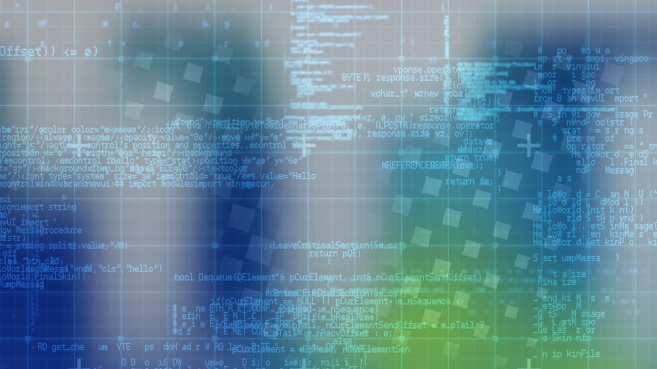 Animation of digital data processing over screens and grid background