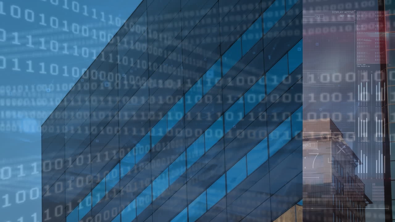 Animation of numbers changing and data processing over cityscape