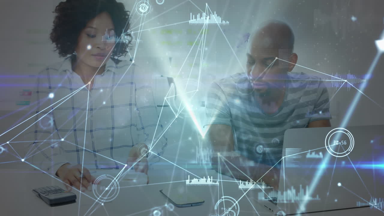 Animation of network of connections over couple paying bills using laptop