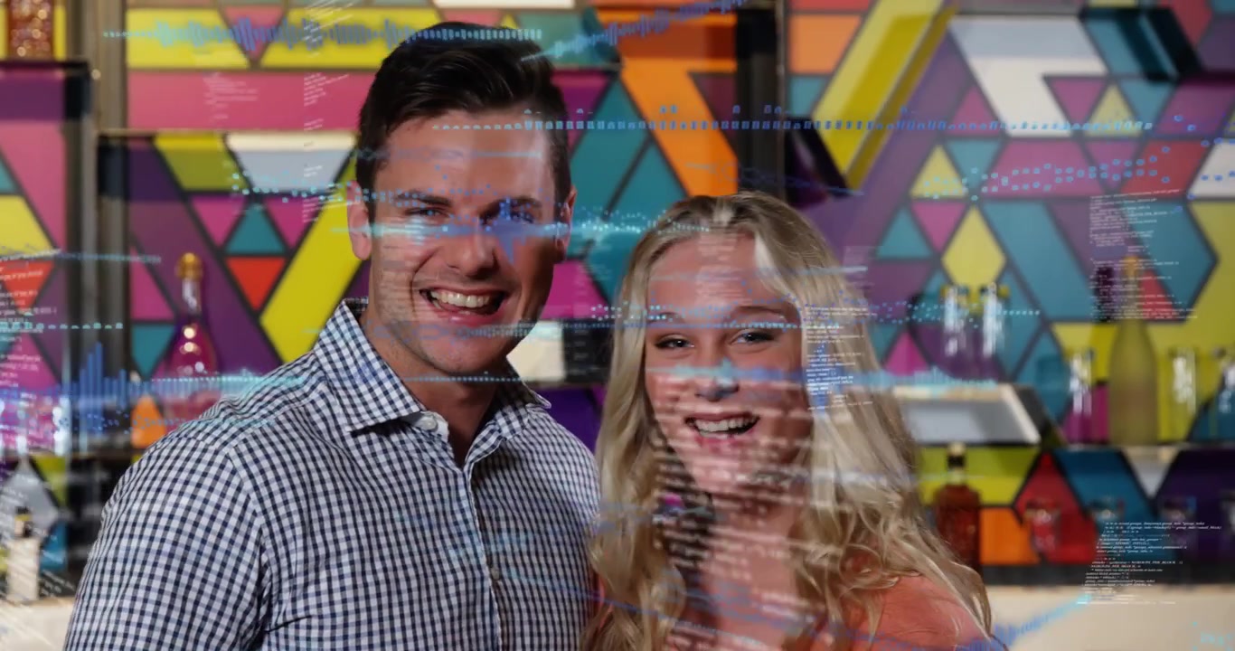 Couple at bar, leaning and laughing while camera revealing faces, blue glitch sweeping for promo