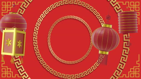 Animation-of-lanterns-and-chinese-pattern-with-copy-space-on-red-background