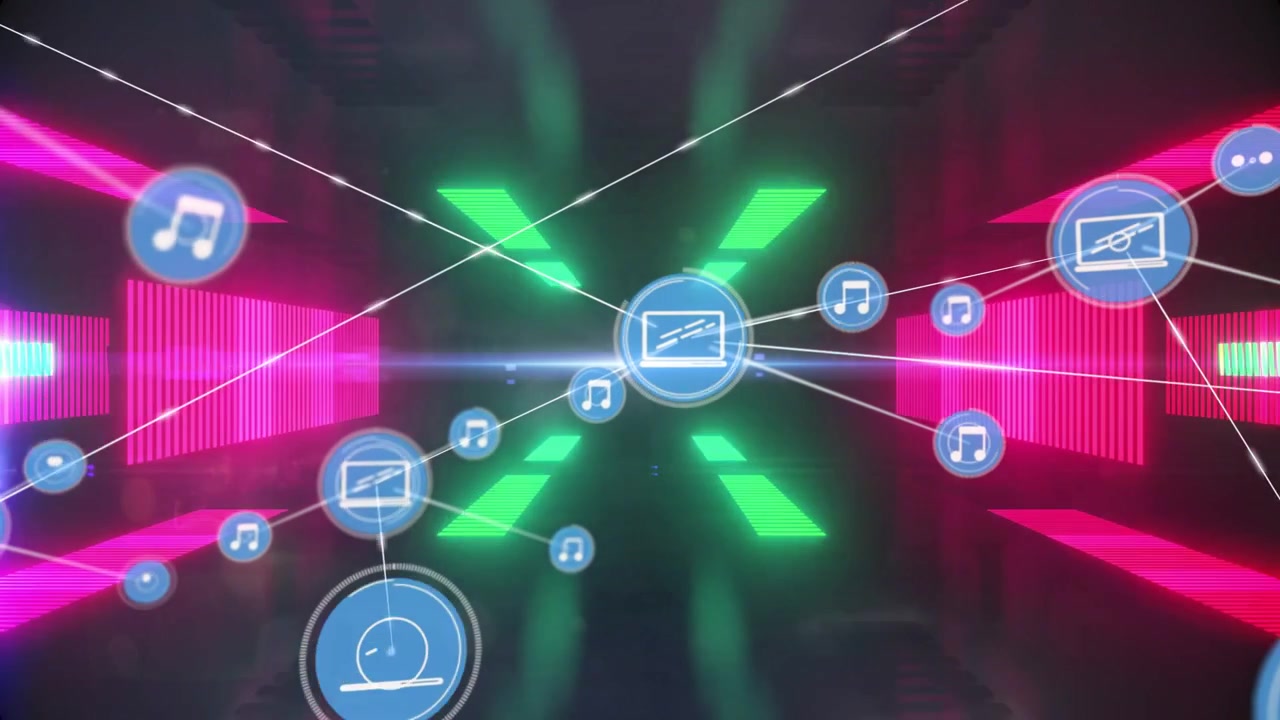 Hub blu centrale che invia impulsi, generando nodi di musica e chat, mostrando la crescita della rete.