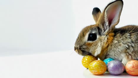 un conejo sentado junto a una pila de huevos de pascua coloridos