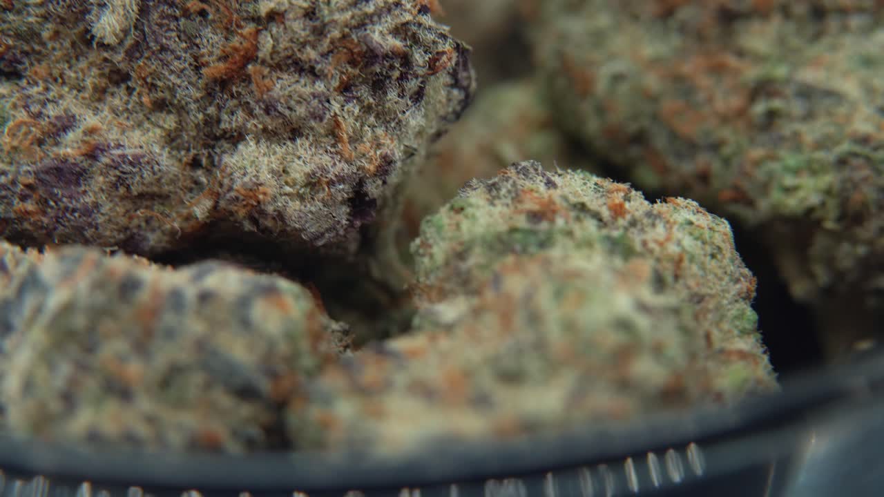 Macro of a premium cannabis bud rotating on a 360-degree display stand, showcasing its trichomes, vibrant hues, and sharp texture. Ideal for showcasing top-tier cannabis product 4k tilt up movement