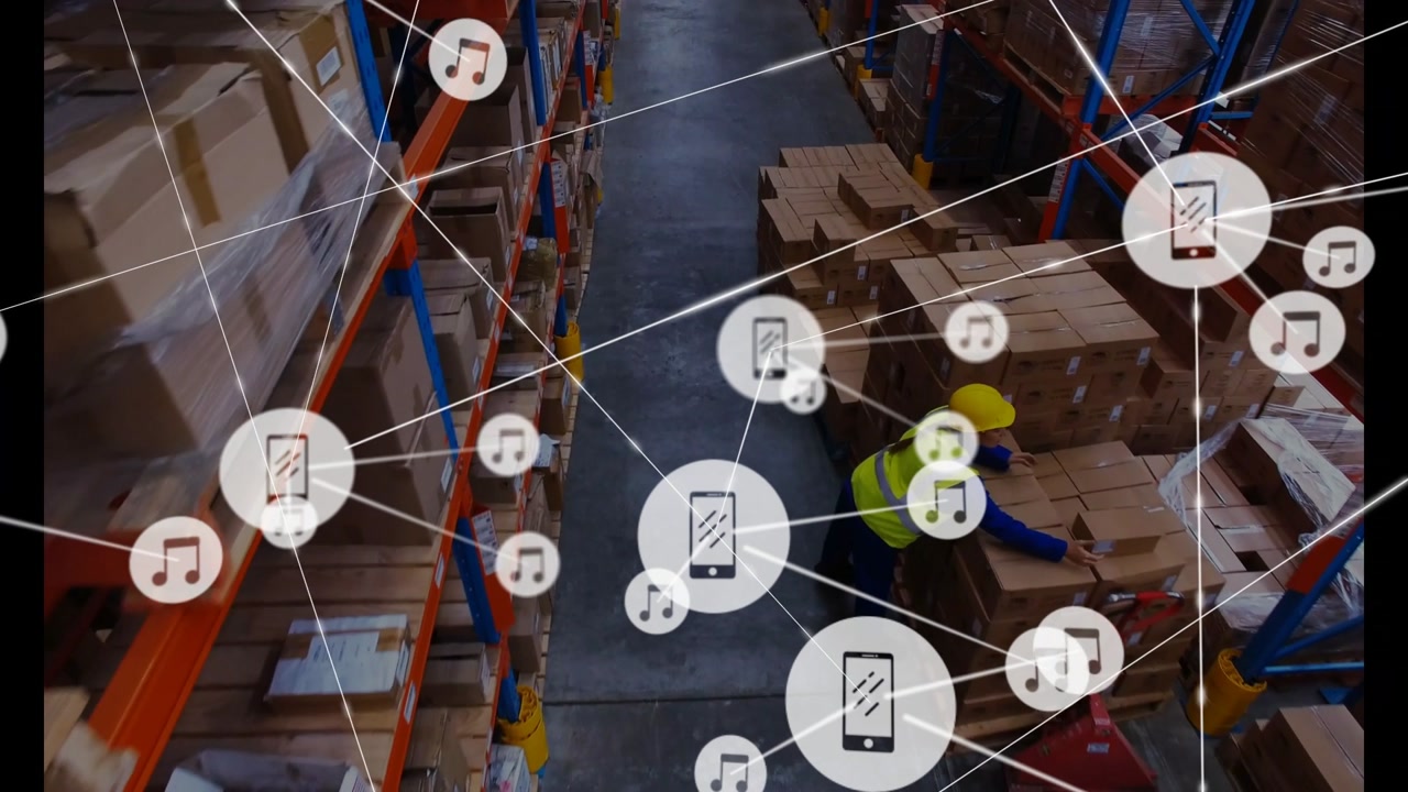 Left overlay emerging while staff walking, checking tablet and moving pallet, showing stock network