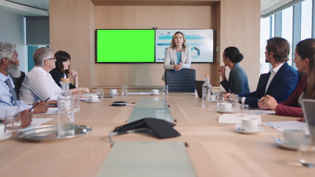 mujer líder de equipo de negocios presentando datos financieros en pantalla verde proyecto de intercambio de televisión con accionistas informando a sus colegas discutiendo ideas en la presentación de la sala de juntas de la oficina