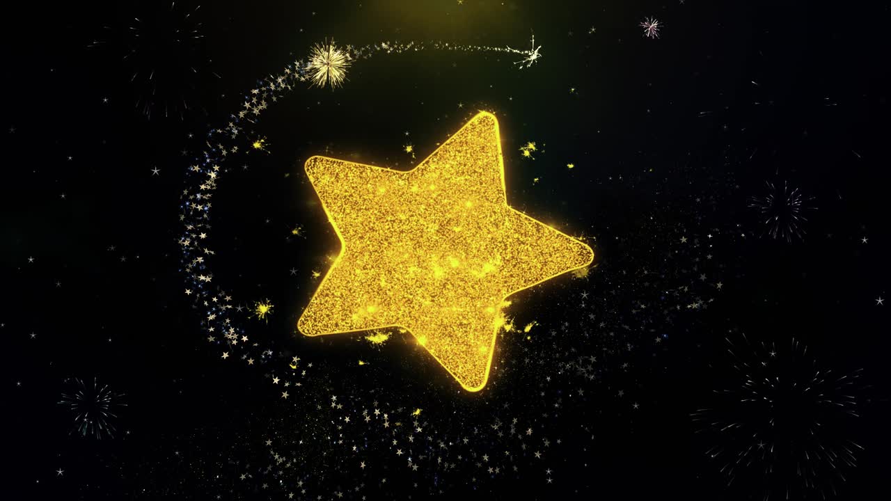 Star icon on gold glitter particles spark exploding fireworks display object shape text design