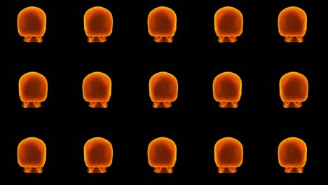 orange skulls halloween background. 3d skull rotating on black background.