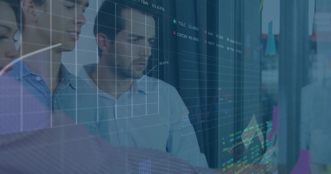 Office team swiping transparent display and tapping charts, animating financial graphs for analysis