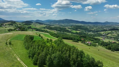 panorámica de la región montañosa de beskid, tranquila campiña pastoral polaca aérea