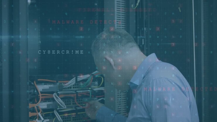 Animation of cyber attack warning over caucasian man in server room