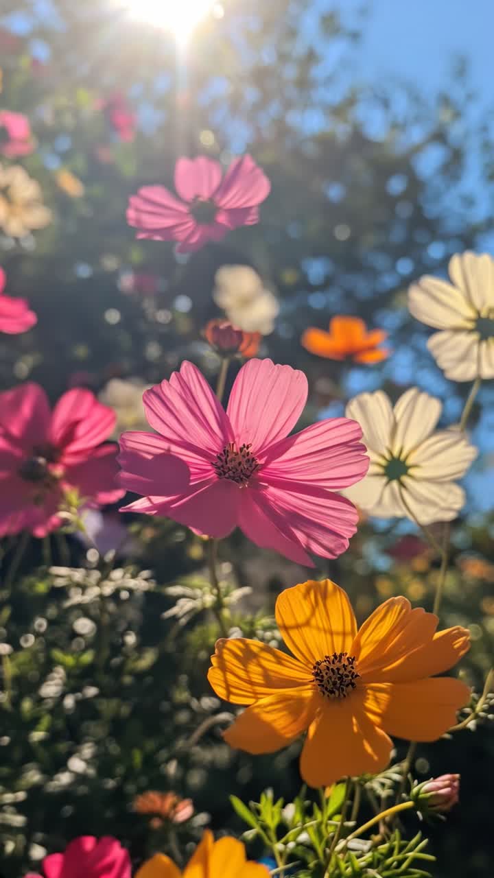 Vibrant flowers in sunlight, captured from a low angle. The video showcases pink, yellow, and white
