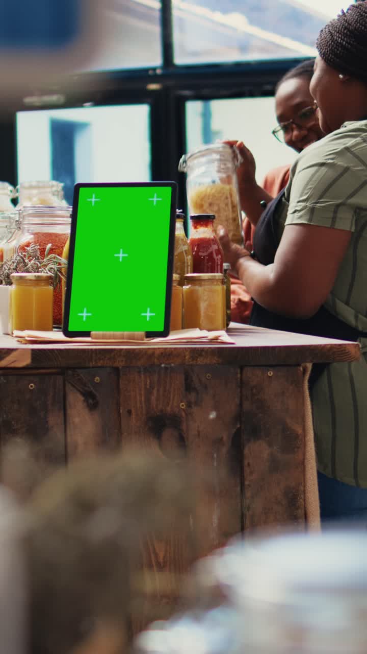 Layout digitale di video verticale di greenscreen su tablet posizionato nel mercato contadino