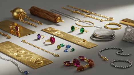 a stunning display of exquisite jewelry featuring gold, precious gems, and intricate designs in a beautifully arranged composition